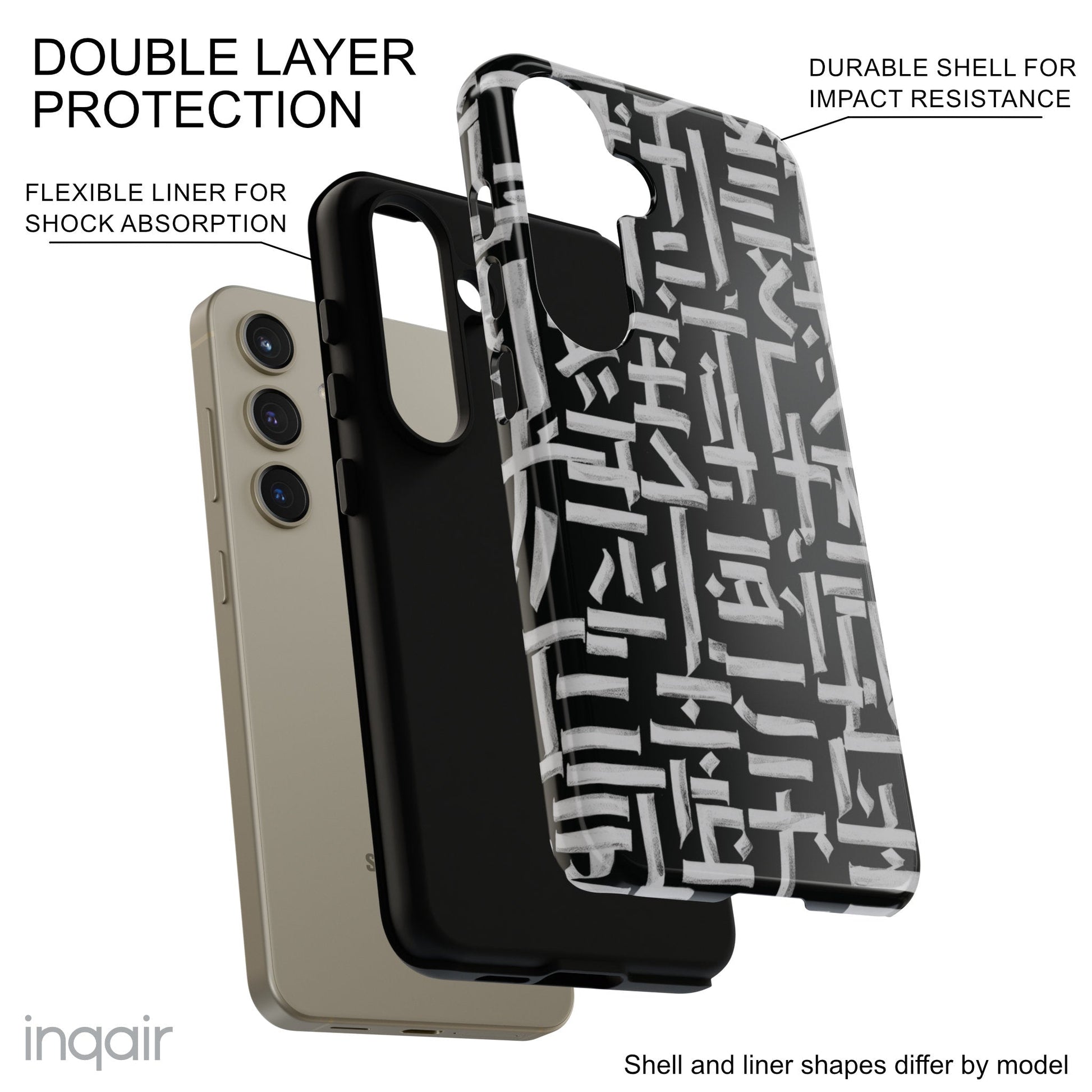 Black phone case with white calligraphy-inspired design, featuring intricate, modern artistic patterns. Suitable for iPhone and Samsung models, this stylish phone accessory protects your device while adding a touch of elegance and creativity.