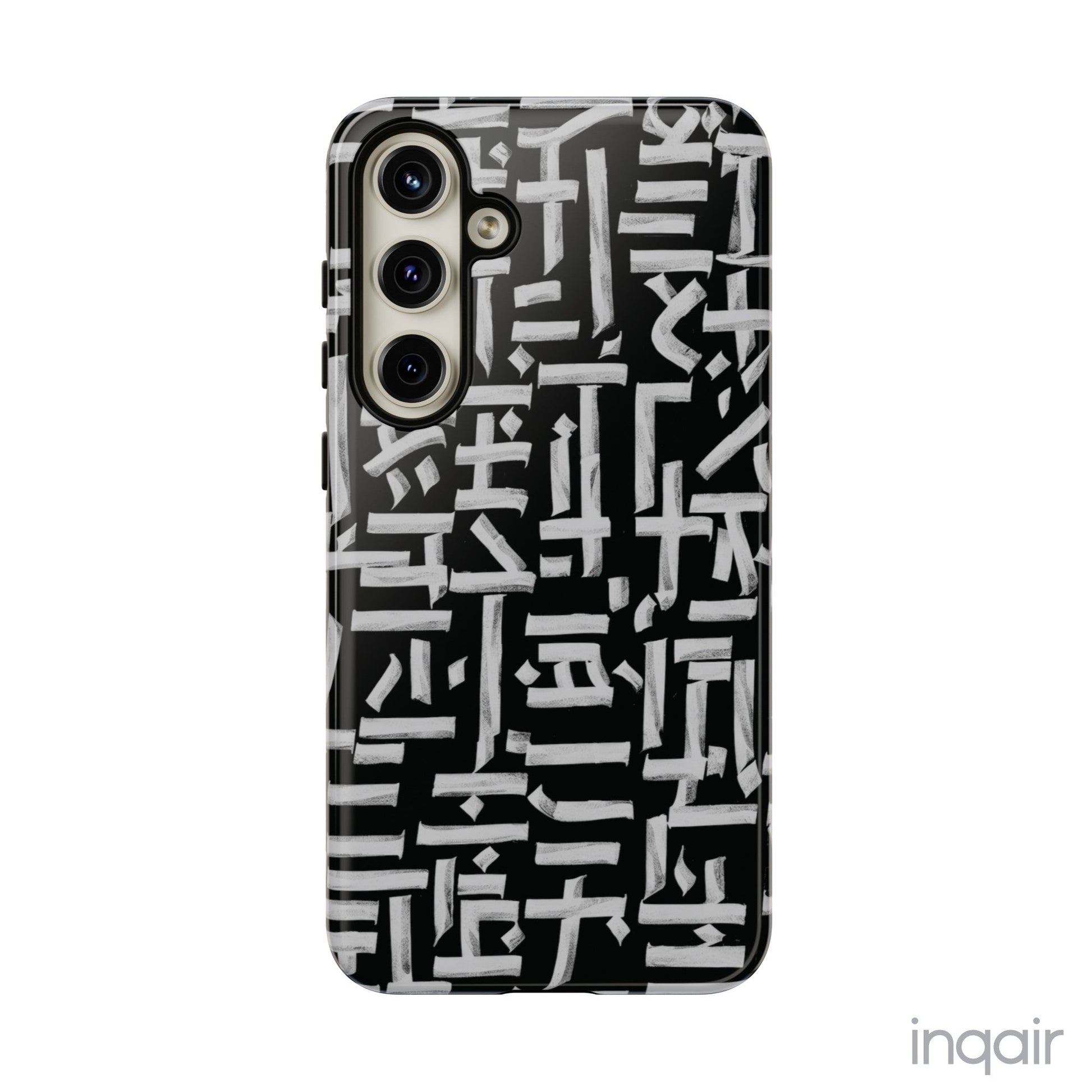 Black phone case with white calligraphy-inspired design, featuring intricate, modern artistic patterns. Suitable for iPhone and Samsung models, this stylish phone accessory protects your device while adding a touch of elegance and creativity.