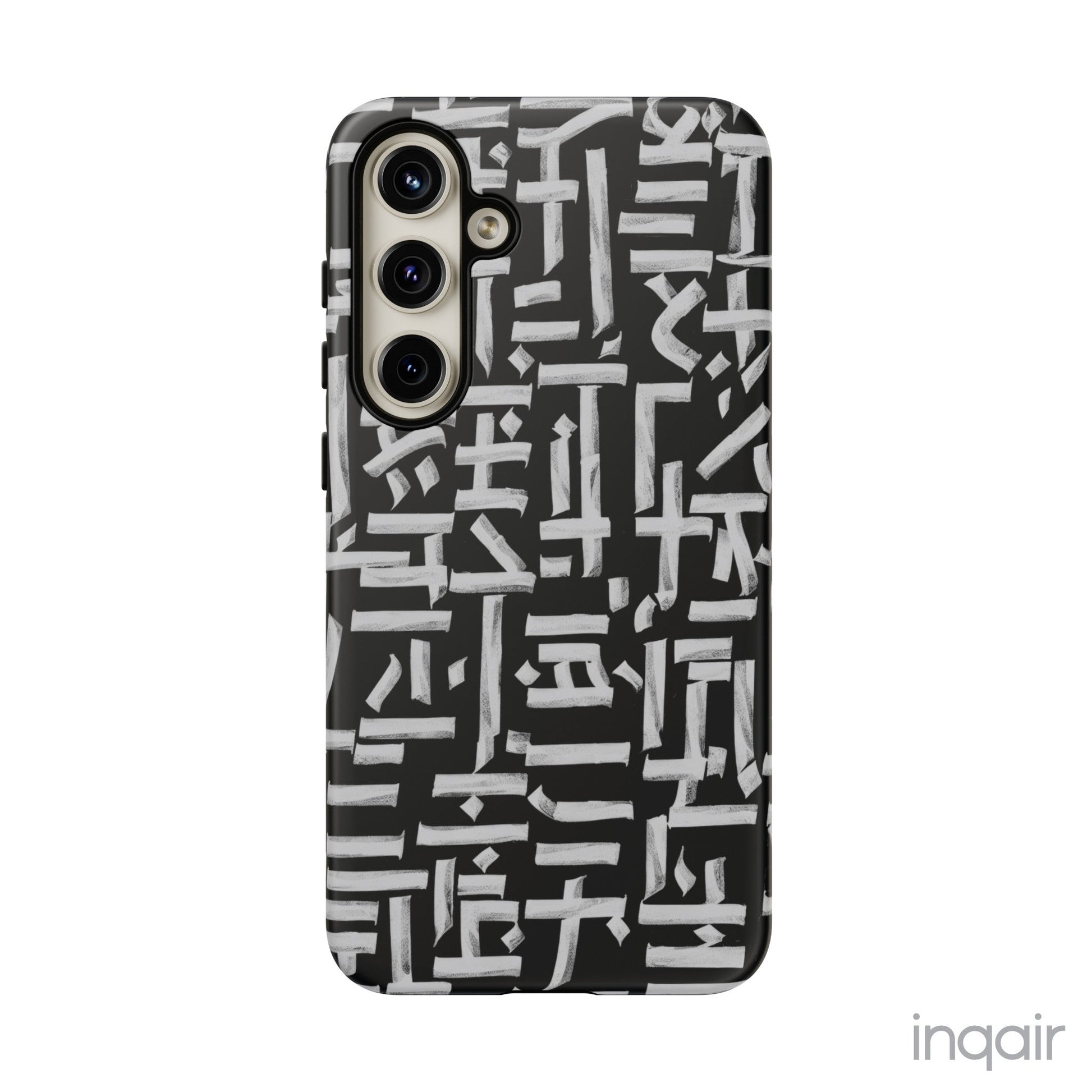 Black phone case with white calligraphy-inspired design, featuring intricate, modern artistic patterns. Suitable for iPhone and Samsung models, this stylish phone accessory protects your device while adding a touch of elegance and creativity.