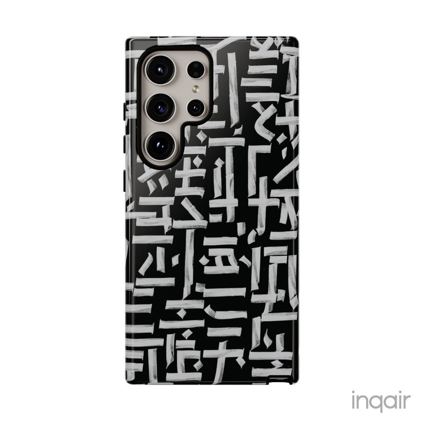 Black phone case with white calligraphy-inspired design, featuring intricate, modern artistic patterns. Suitable for iPhone and Samsung models, this stylish phone accessory protects your device while adding a touch of elegance and creativity.