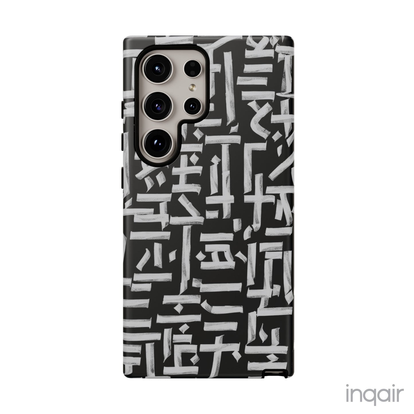 Black phone case with white calligraphy-inspired design, featuring intricate, modern artistic patterns. Suitable for iPhone and Samsung models, this stylish phone accessory protects your device while adding a touch of elegance and creativity.