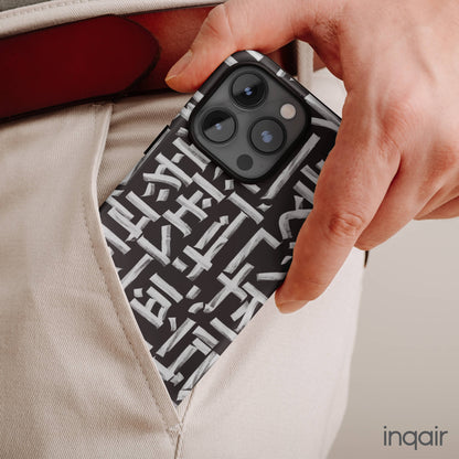 Black phone case with white calligraphy-inspired design, featuring intricate, modern artistic patterns. Suitable for iPhone and Samsung models, this stylish phone accessory protects your device while adding a touch of elegance and creativity.