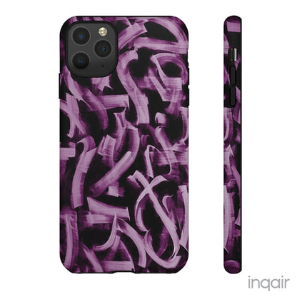 Black phone case with artistic purple brush stroke design compatible with iPhone and Samsung models, stylish and durable protective cover.