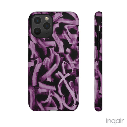 Black phone case with artistic purple brush stroke design compatible with iPhone and Samsung models, stylish and durable protective cover.