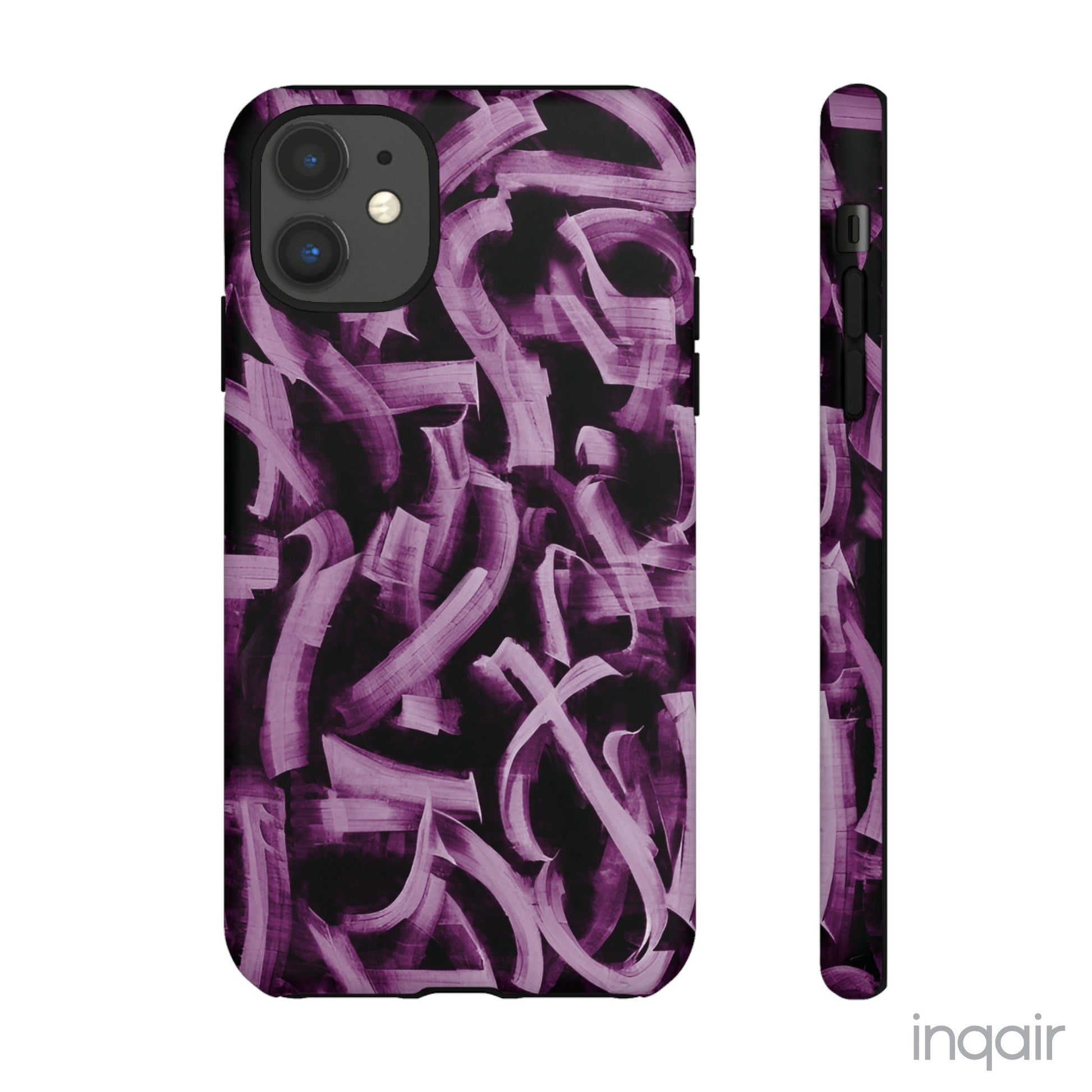 Black phone case with artistic purple brush stroke design compatible with iPhone and Samsung models, stylish and durable protective cover.