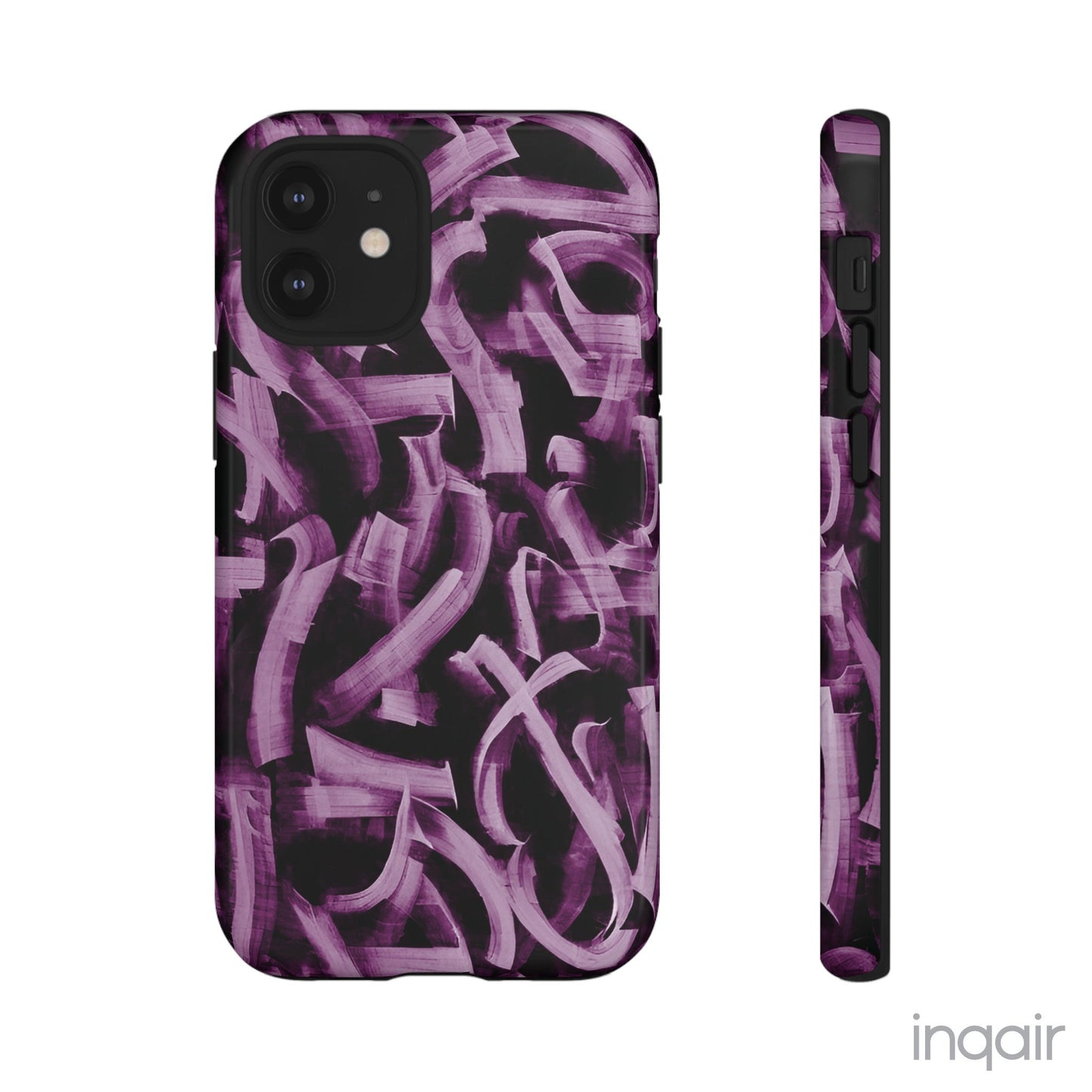 Black phone case with artistic purple brush stroke design compatible with iPhone and Samsung models, stylish and durable protective cover.