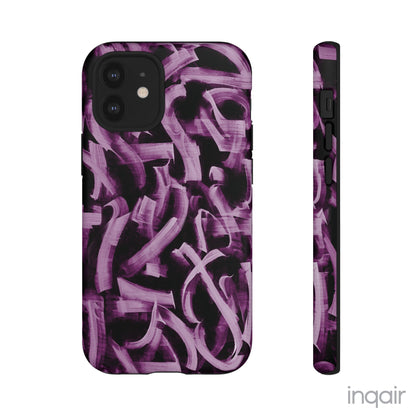 Black phone case with artistic purple brush stroke design compatible with iPhone and Samsung models, stylish and durable protective cover.