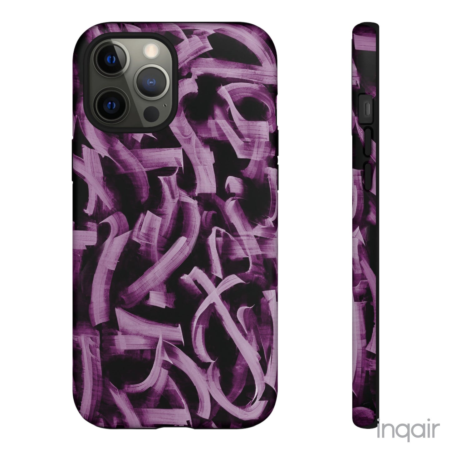 Black phone case with artistic purple brush stroke design compatible with iPhone and Samsung models, stylish and durable protective cover.