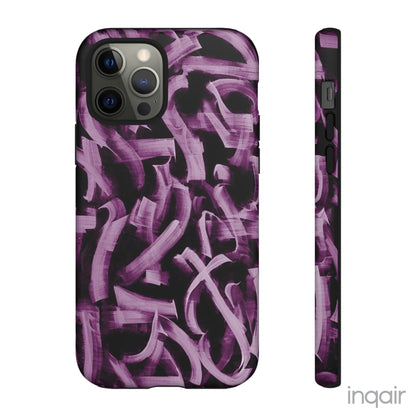 Black phone case with artistic purple brush stroke design compatible with iPhone and Samsung models, stylish and durable protective cover.