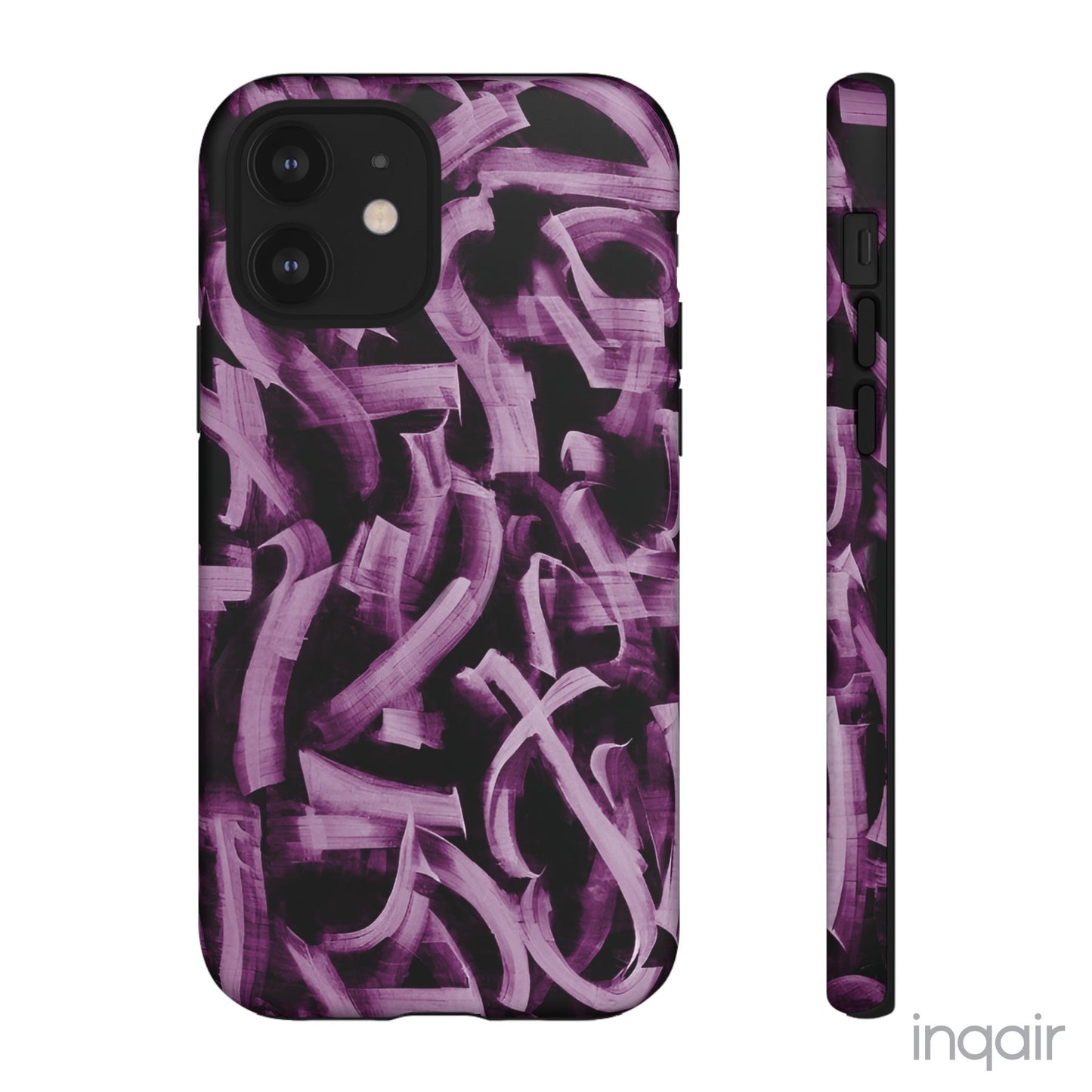 Black phone case with artistic purple brush stroke design compatible with iPhone and Samsung models, stylish and durable protective cover.