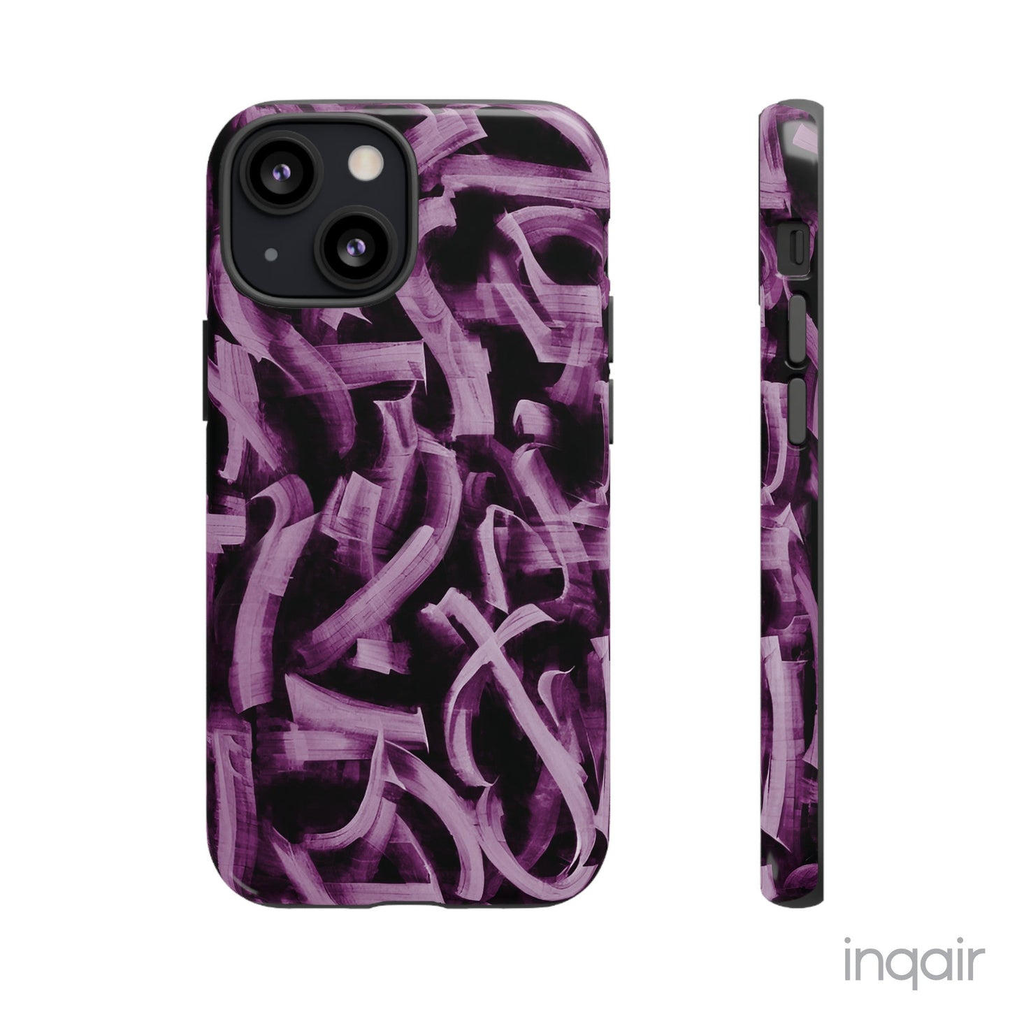 Black phone case with artistic purple brush stroke design compatible with iPhone and Samsung models, stylish and durable protective cover.