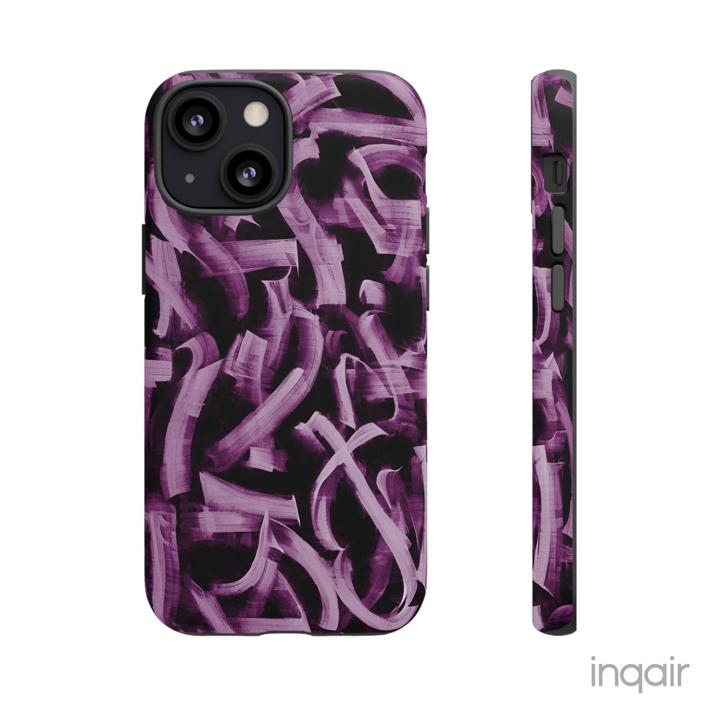 Black phone case with artistic purple brush stroke design compatible with iPhone and Samsung models, stylish and durable protective cover.