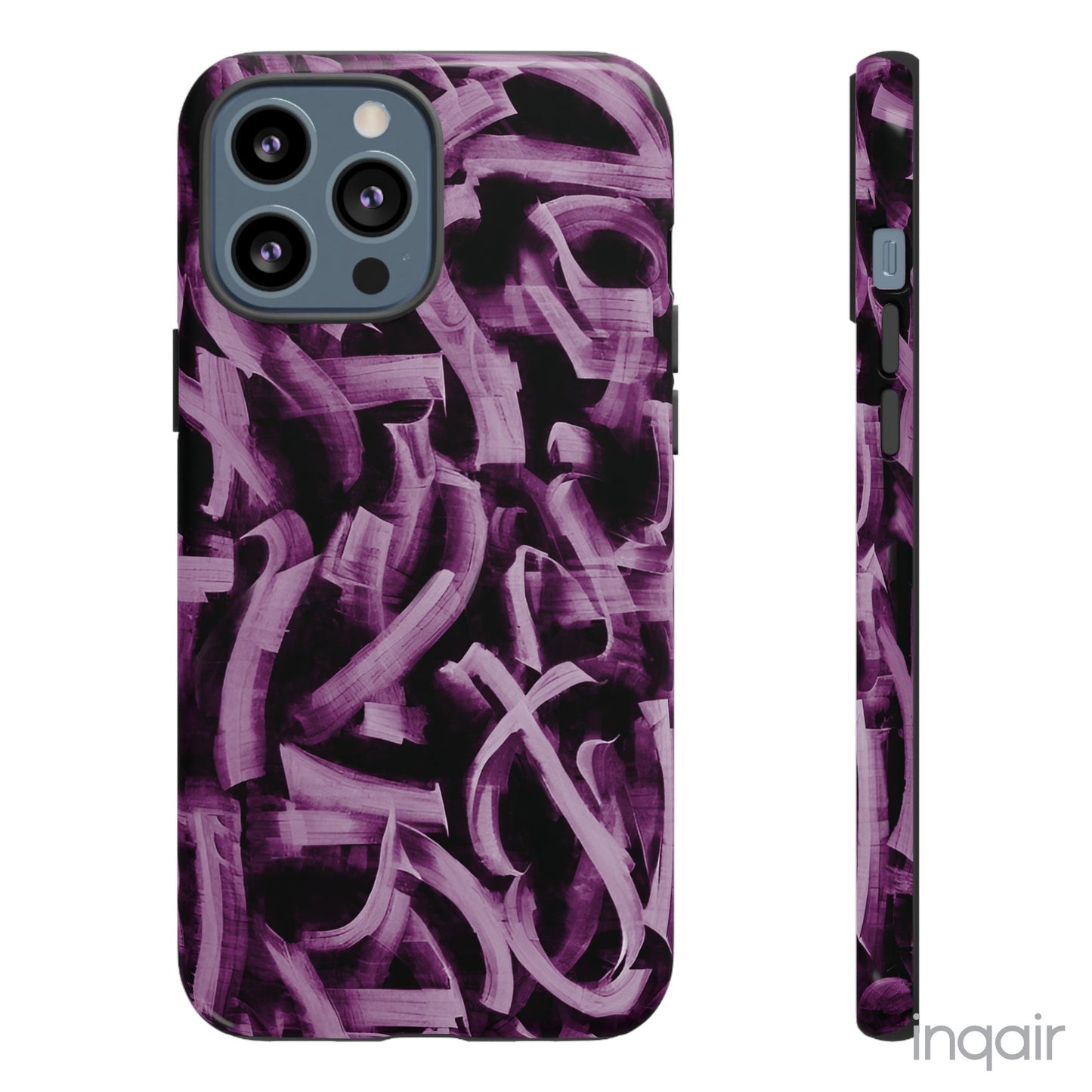 Black phone case with artistic purple brush stroke design compatible with iPhone and Samsung models, stylish and durable protective cover.