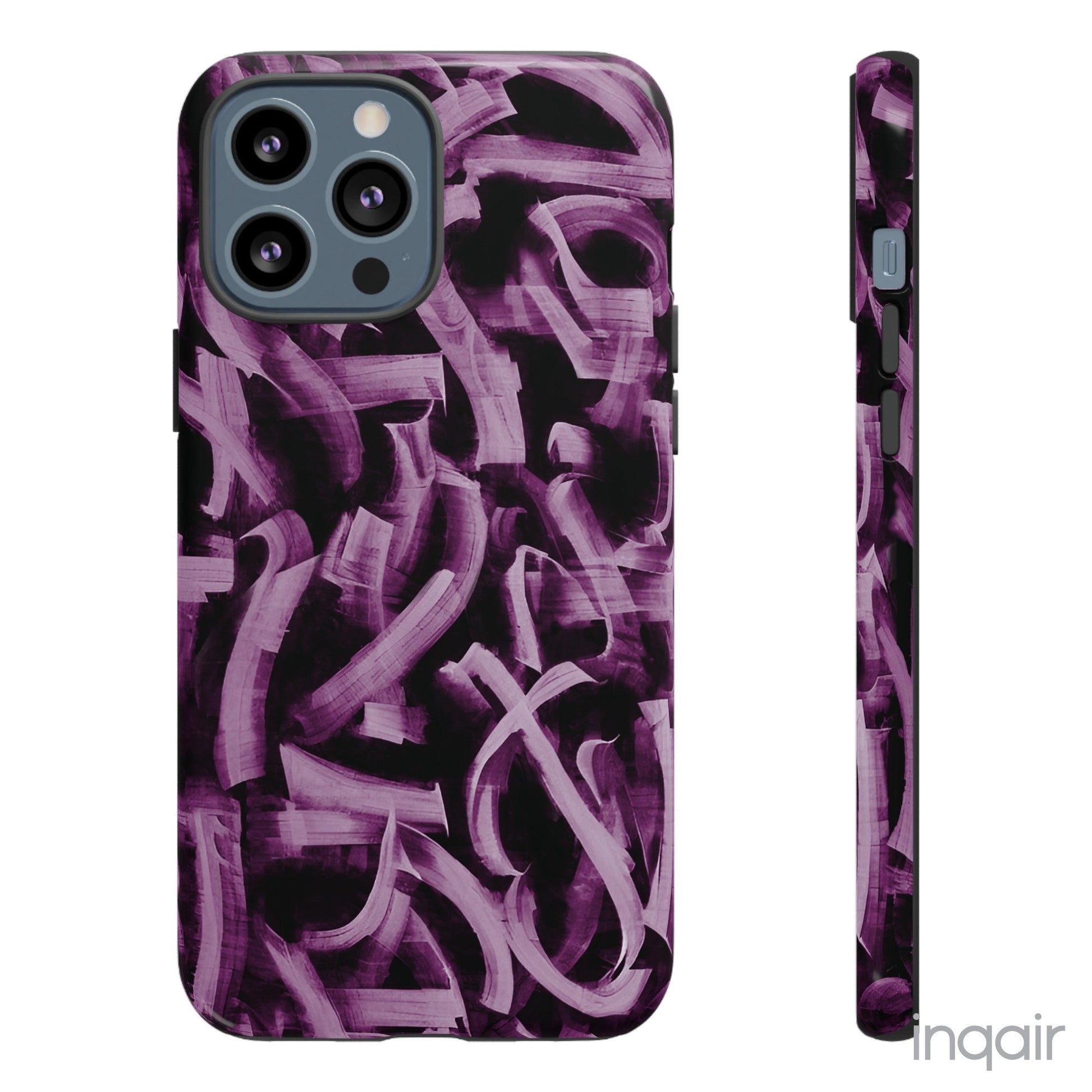 Black phone case with artistic purple brush stroke design compatible with iPhone and Samsung models, stylish and durable protective cover.