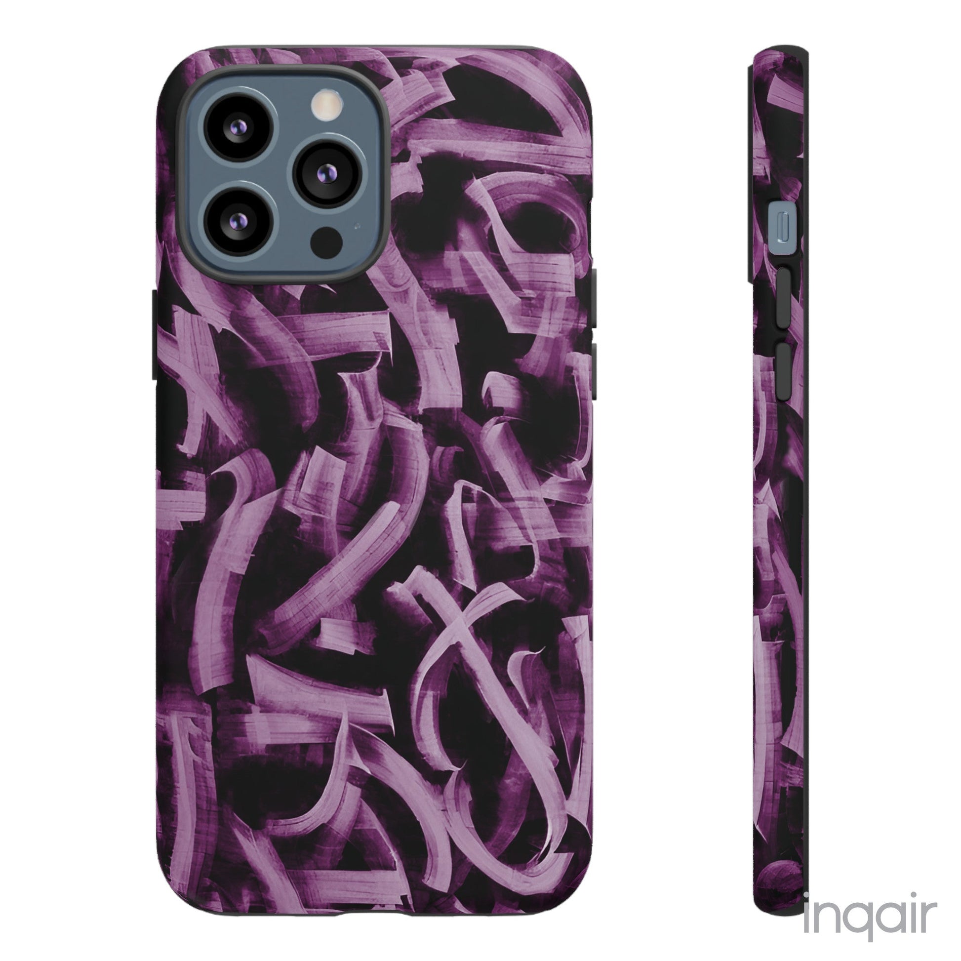 Black phone case with artistic purple brush stroke design compatible with iPhone and Samsung models, stylish and durable protective cover.