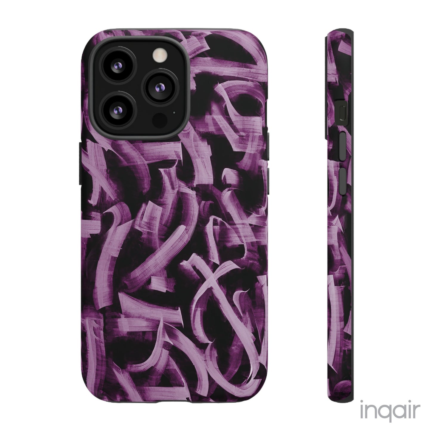 Black phone case with artistic purple brush stroke design compatible with iPhone and Samsung models, stylish and durable protective cover.