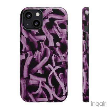 Black phone case with artistic purple brush stroke design compatible with iPhone and Samsung models, stylish and durable protective cover.