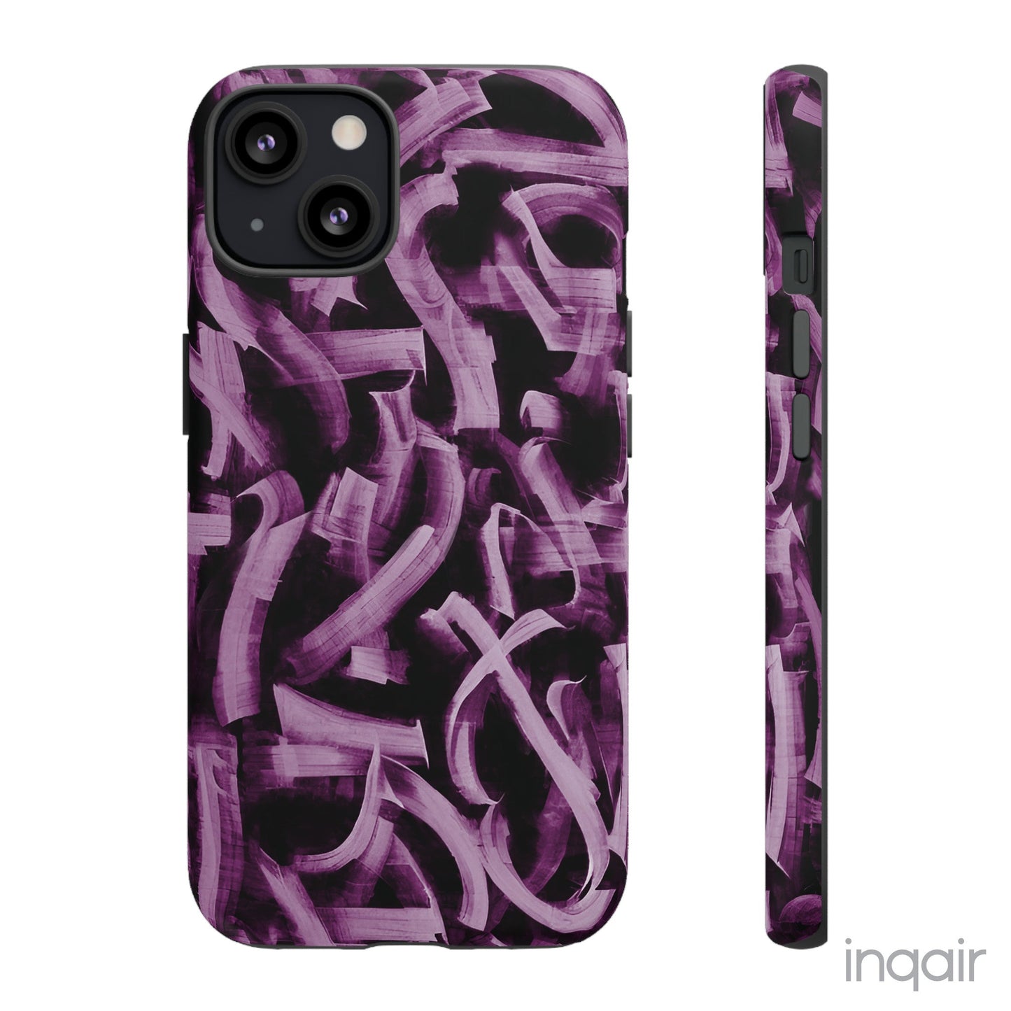 Black phone case with artistic purple brush stroke design compatible with iPhone and Samsung models, stylish and durable protective cover.