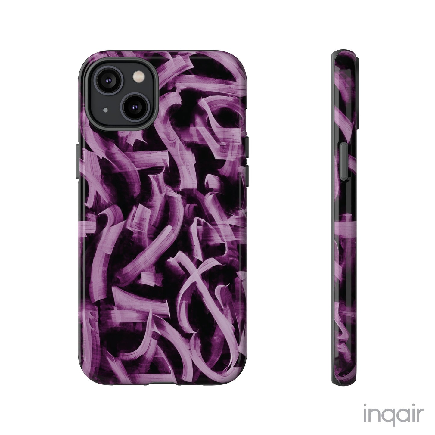 Black phone case with artistic purple brush stroke design compatible with iPhone and Samsung models, stylish and durable protective cover.