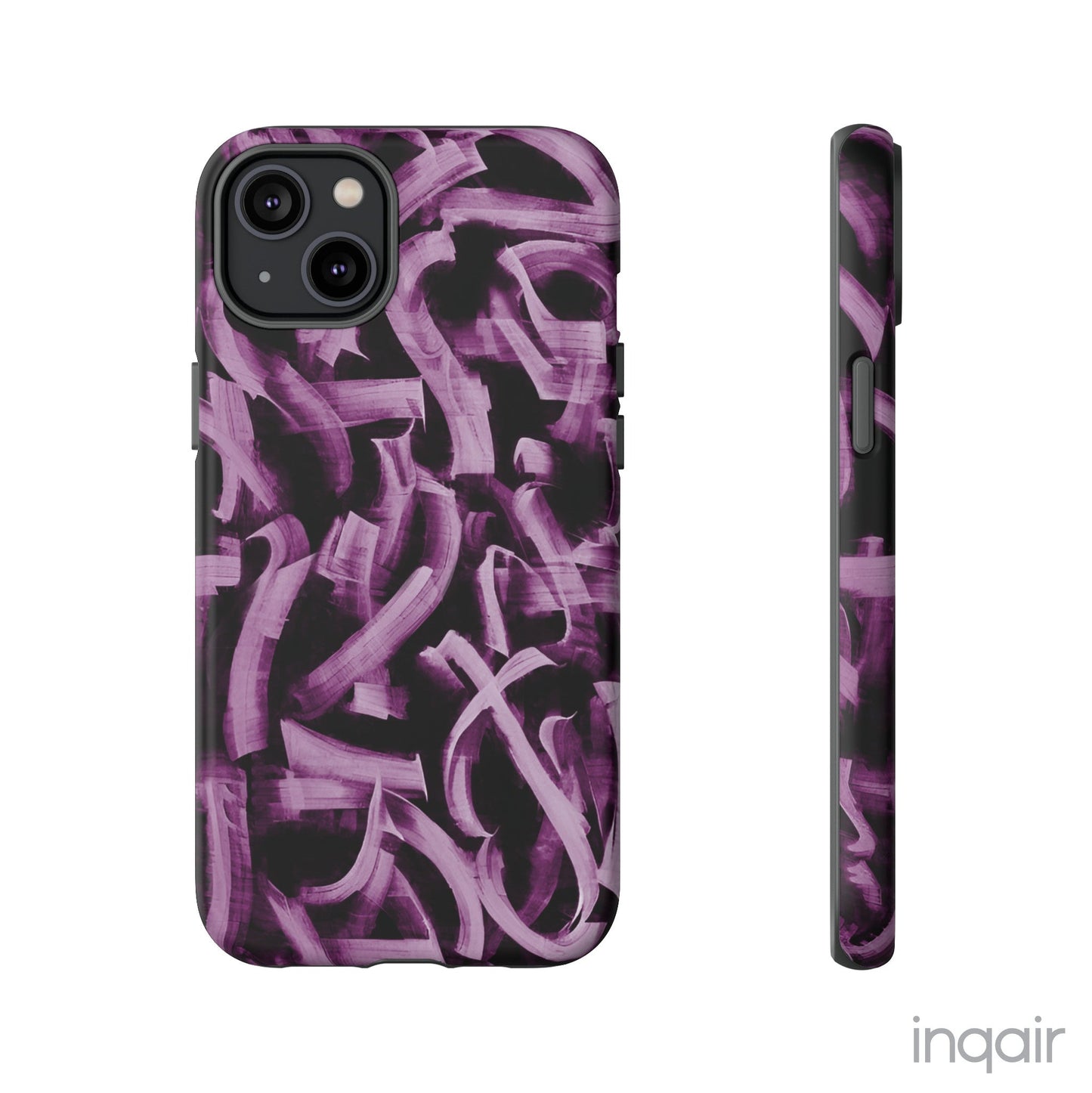 Black phone case with artistic purple brush stroke design compatible with iPhone and Samsung models, stylish and durable protective cover.