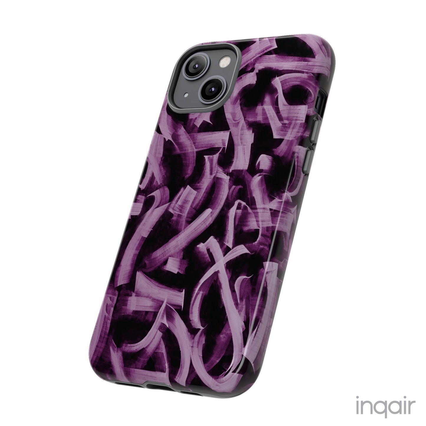 Black phone case with artistic purple brush stroke design compatible with iPhone and Samsung models, stylish and durable protective cover.