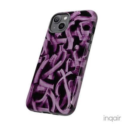 Black phone case with artistic purple brush stroke design compatible with iPhone and Samsung models, stylish and durable protective cover.