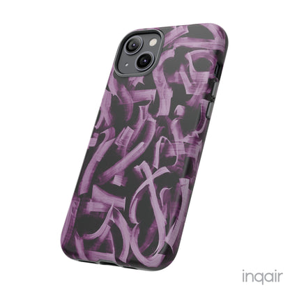 Black phone case with artistic purple brush stroke design compatible with iPhone and Samsung models, stylish and durable protective cover.