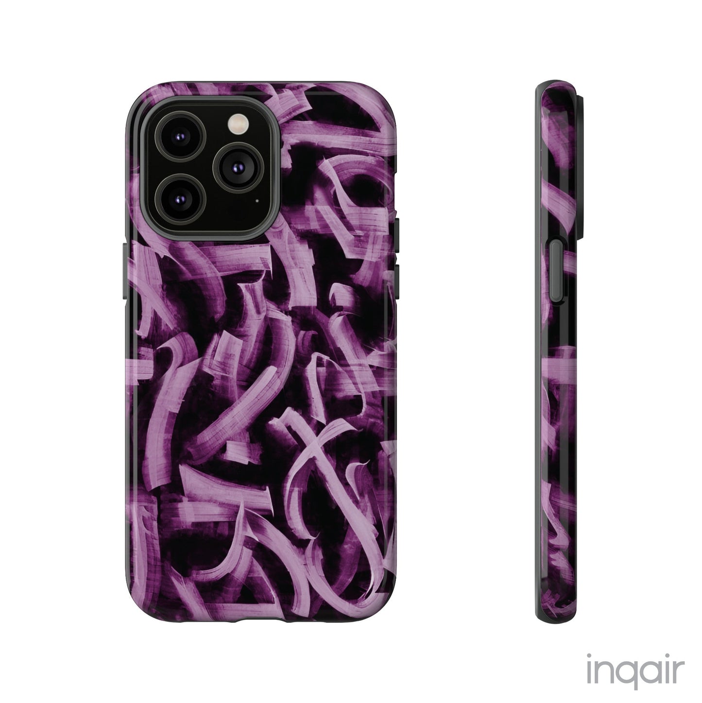 Black phone case with artistic purple brush stroke design compatible with iPhone and Samsung models, stylish and durable protective cover.