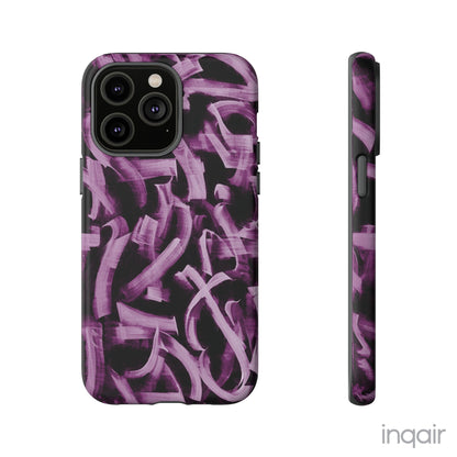 Black phone case with artistic purple brush stroke design compatible with iPhone and Samsung models, stylish and durable protective cover.