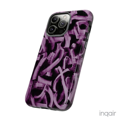 Black phone case with artistic purple brush stroke design compatible with iPhone and Samsung models, stylish and durable protective cover.