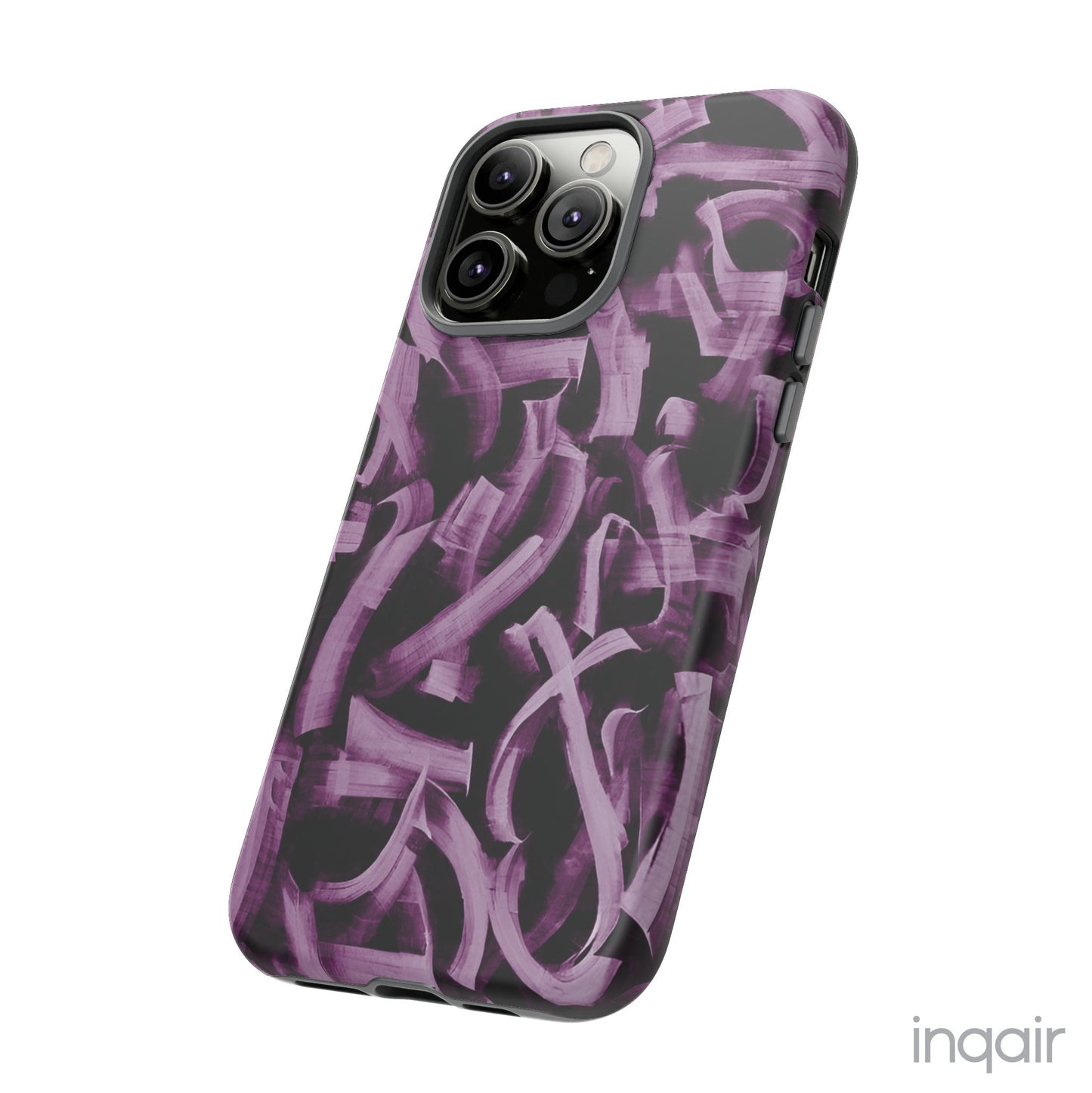 Black phone case with artistic purple brush stroke design compatible with iPhone and Samsung models, stylish and durable protective cover.