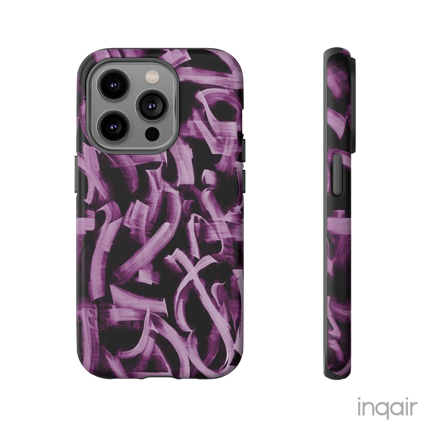 Black phone case with artistic purple brush stroke design compatible with iPhone and Samsung models, stylish and durable protective cover.