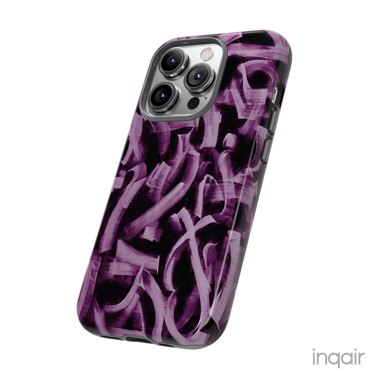 Black phone case with artistic purple brush stroke design compatible with iPhone and Samsung models, stylish and durable protective cover.