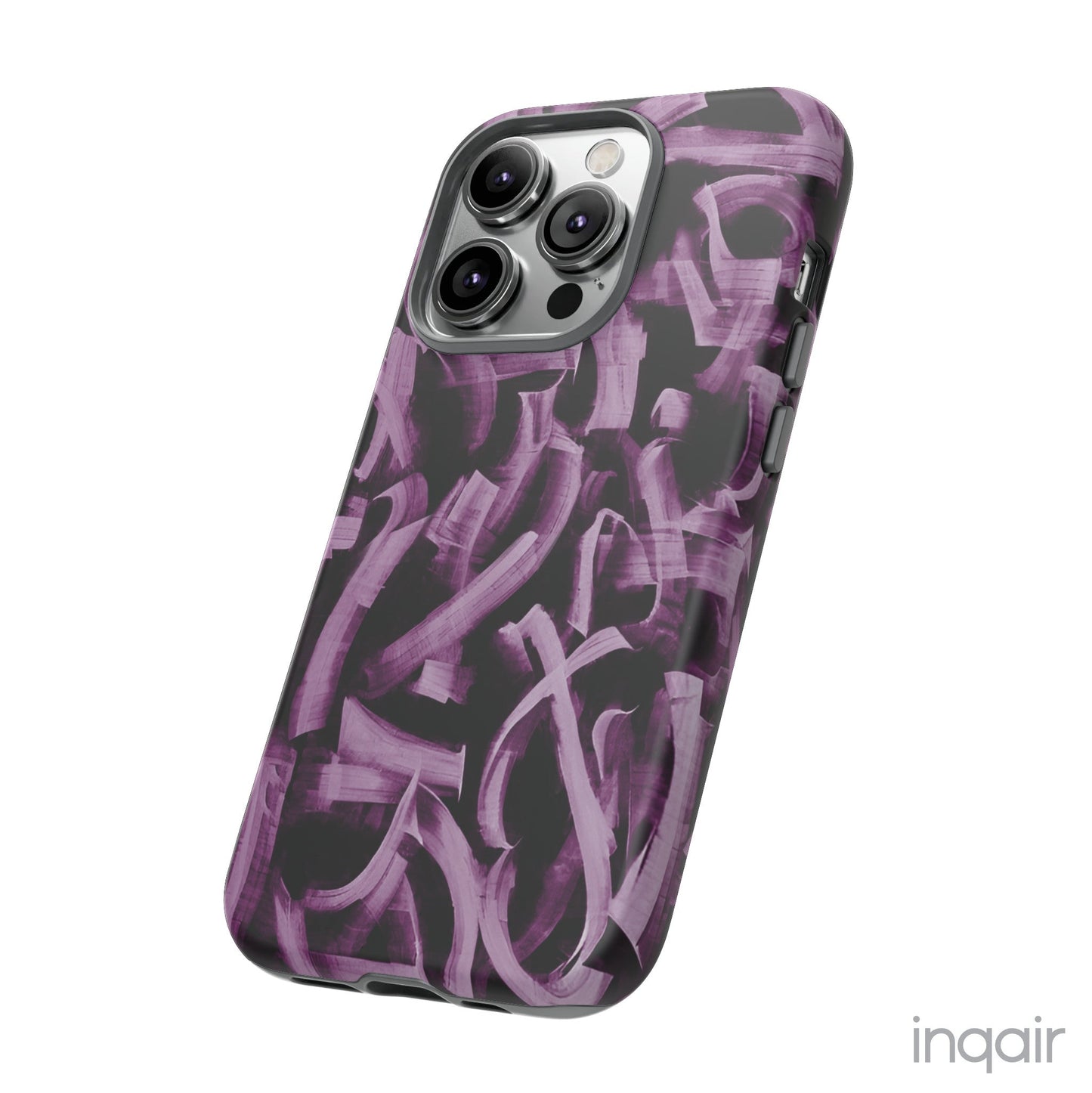 Black phone case with artistic purple brush stroke design compatible with iPhone and Samsung models, stylish and durable protective cover.