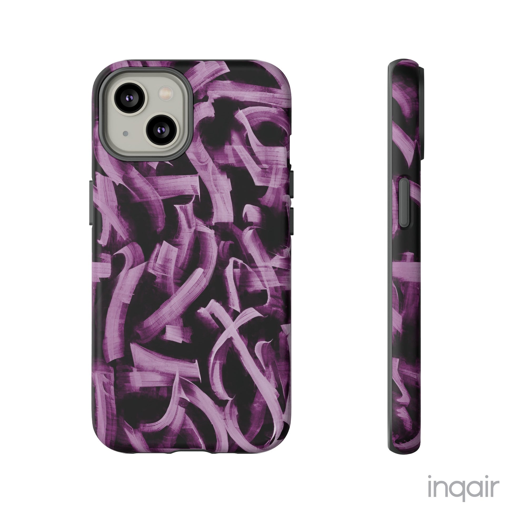 Black phone case with artistic purple brush stroke design compatible with iPhone and Samsung models, stylish and durable protective cover.