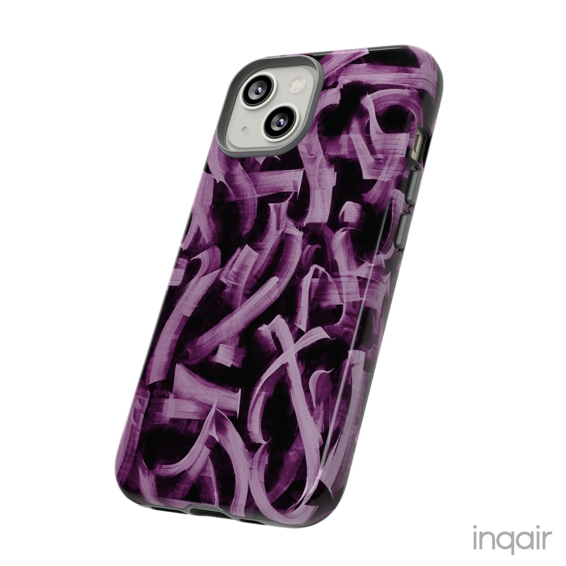 Black phone case with artistic purple brush stroke design compatible with iPhone and Samsung models, stylish and durable protective cover.