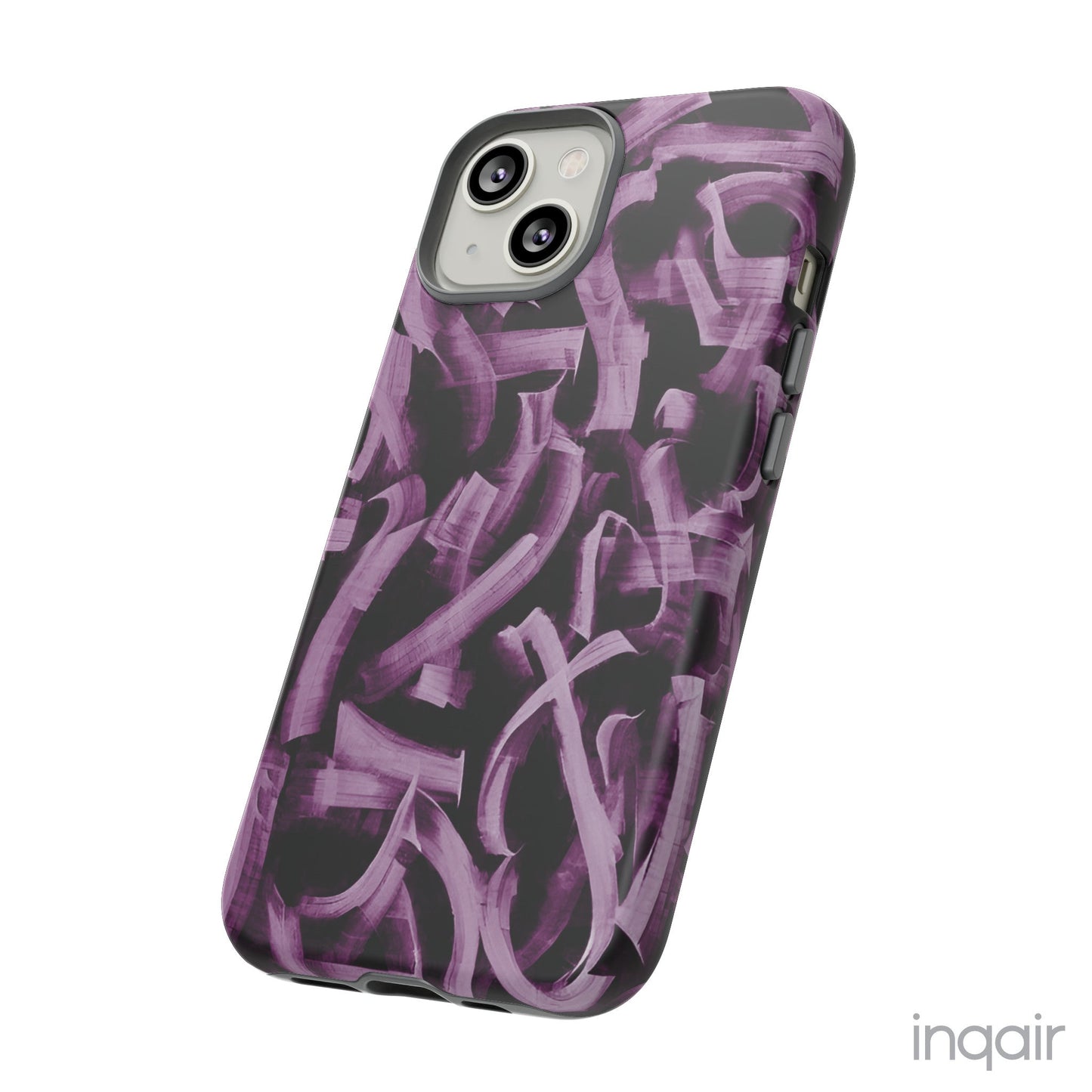 Black phone case with artistic purple brush stroke design compatible with iPhone and Samsung models, stylish and durable protective cover.