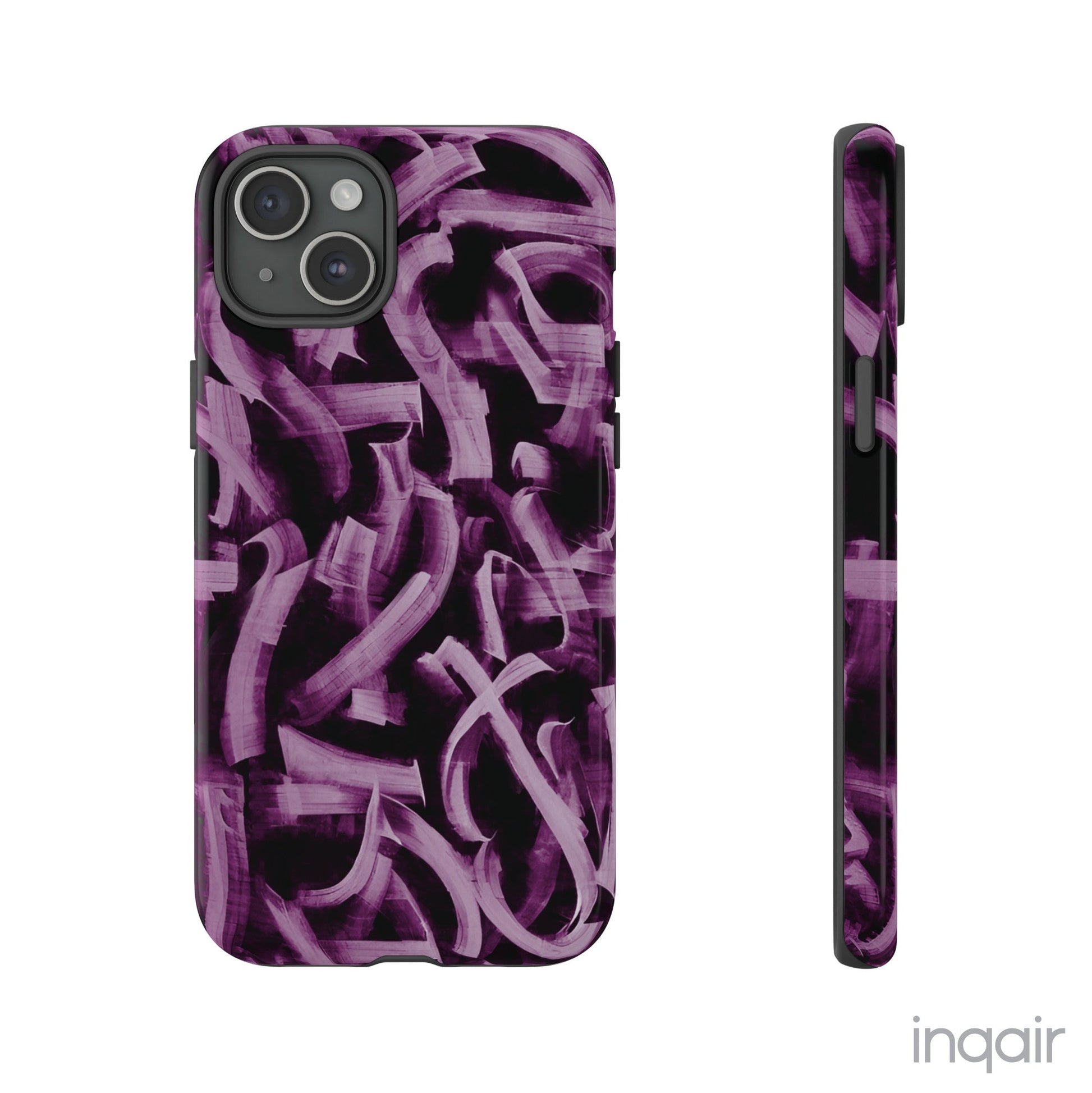 Black phone case with artistic purple brush stroke design compatible with iPhone and Samsung models, stylish and durable protective cover.