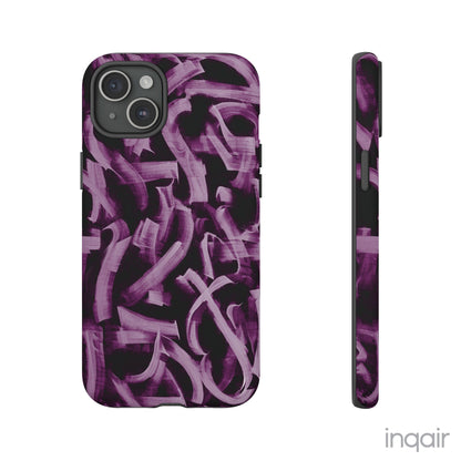 Black phone case with artistic purple brush stroke design compatible with iPhone and Samsung models, stylish and durable protective cover.