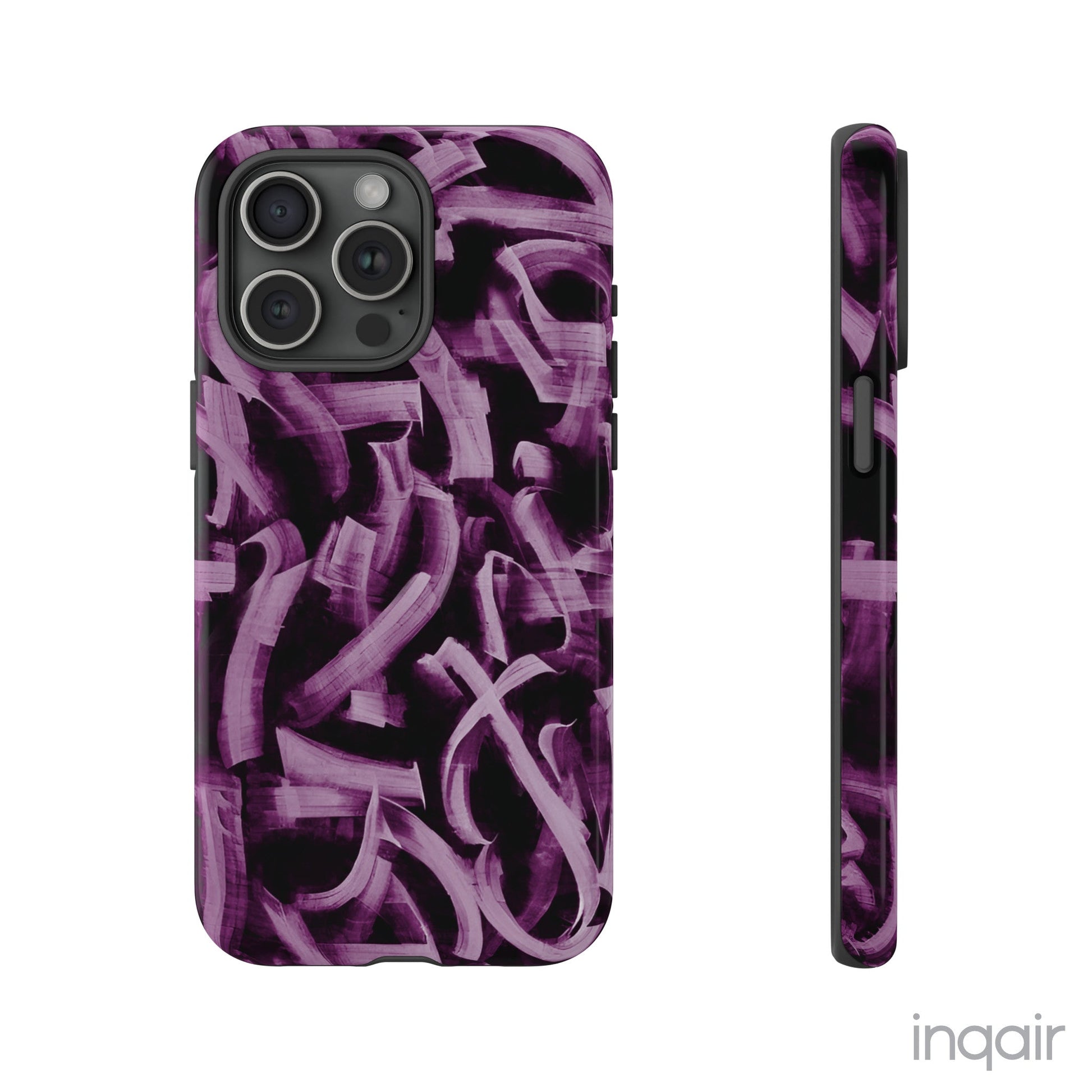 Black phone case with artistic purple brush stroke design compatible with iPhone and Samsung models, stylish and durable protective cover.