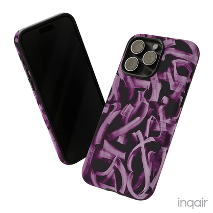 Black phone case with artistic purple brush stroke design compatible with iPhone and Samsung models, stylish and durable protective cover.