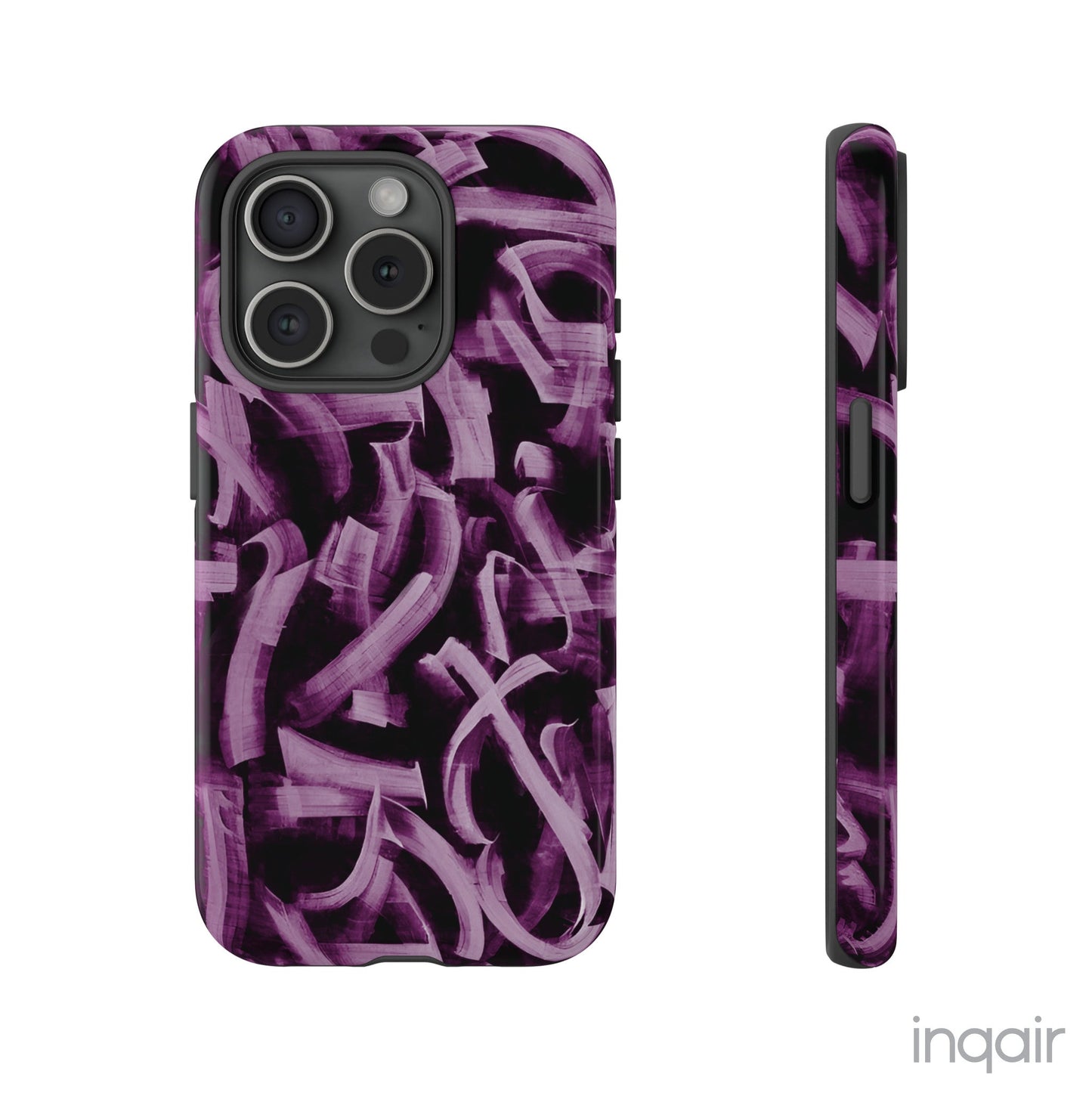 Black phone case with artistic purple brush stroke design compatible with iPhone and Samsung models, stylish and durable protective cover.