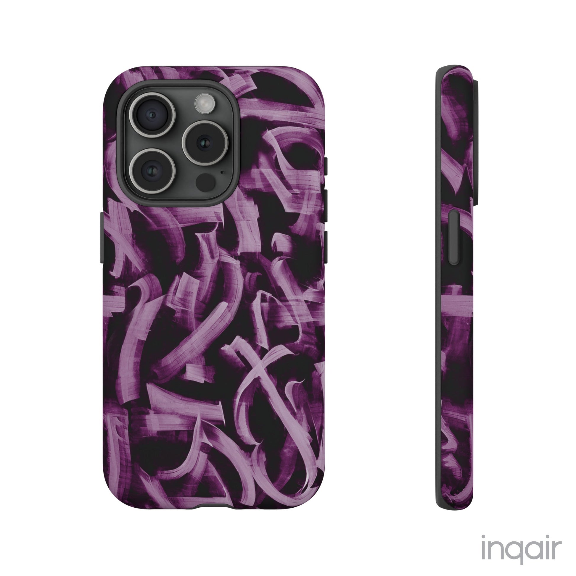 Black phone case with artistic purple brush stroke design compatible with iPhone and Samsung models, stylish and durable protective cover.