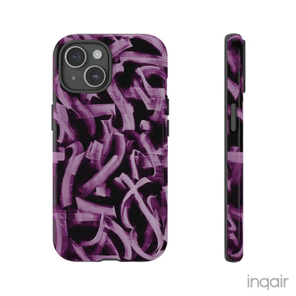 Black phone case with artistic purple brush stroke design compatible with iPhone and Samsung models, stylish and durable protective cover.