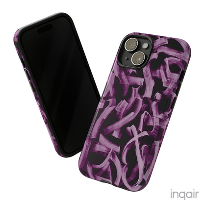 Black phone case with artistic purple brush stroke design compatible with iPhone and Samsung models, stylish and durable protective cover.