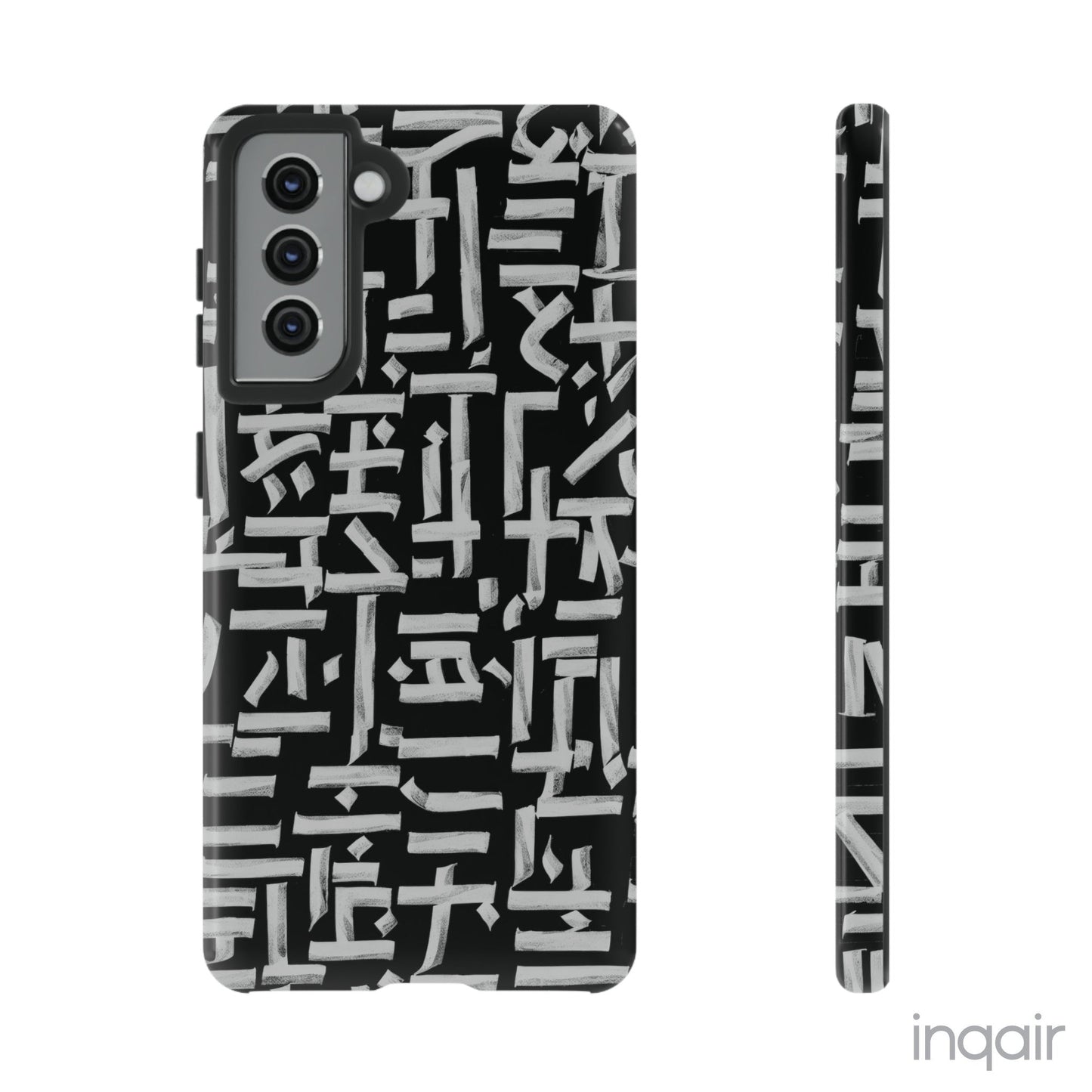 Black phone case with white calligraphy-inspired design, featuring intricate, modern artistic patterns. Suitable for iPhone and Samsung models, this stylish phone accessory protects your device while adding a touch of elegance and creativity.