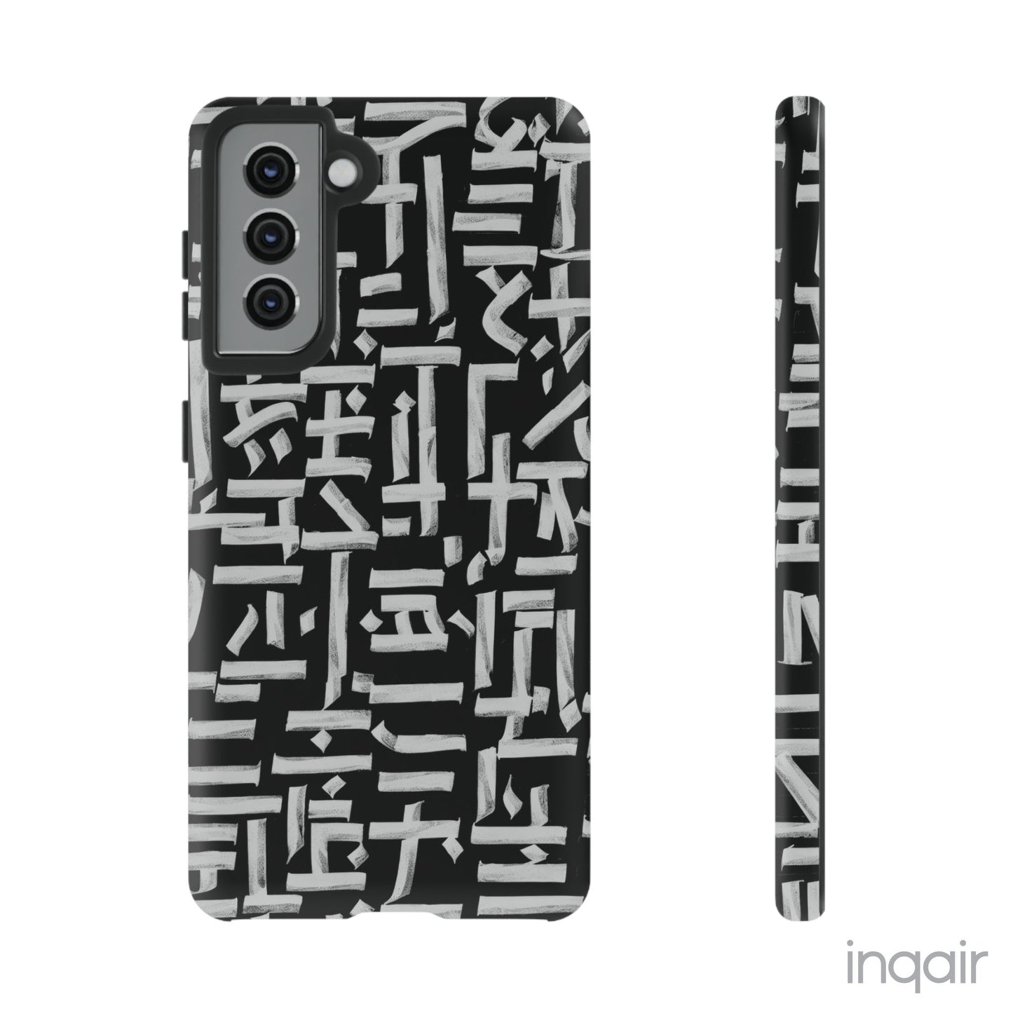 Black phone case with white calligraphy-inspired design, featuring intricate, modern artistic patterns. Suitable for iPhone and Samsung models, this stylish phone accessory protects your device while adding a touch of elegance and creativity.