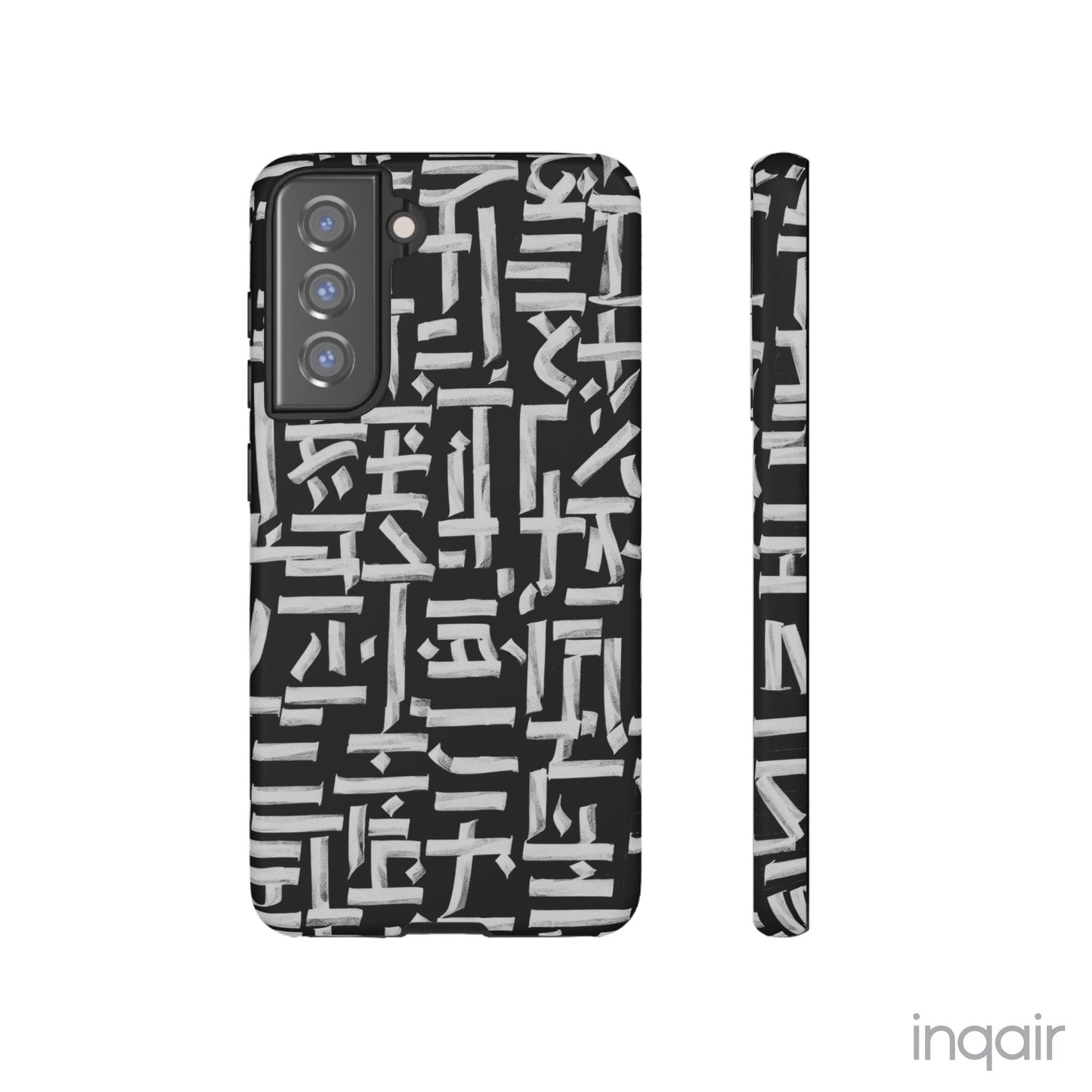 Black phone case with white calligraphy-inspired design, featuring intricate, modern artistic patterns. Suitable for iPhone and Samsung models, this stylish phone accessory protects your device while adding a touch of elegance and creativity.