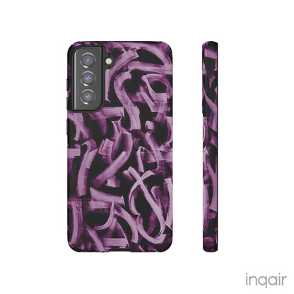 Black phone case with artistic purple brush stroke design compatible with iPhone and Samsung models, stylish and durable protective cover.