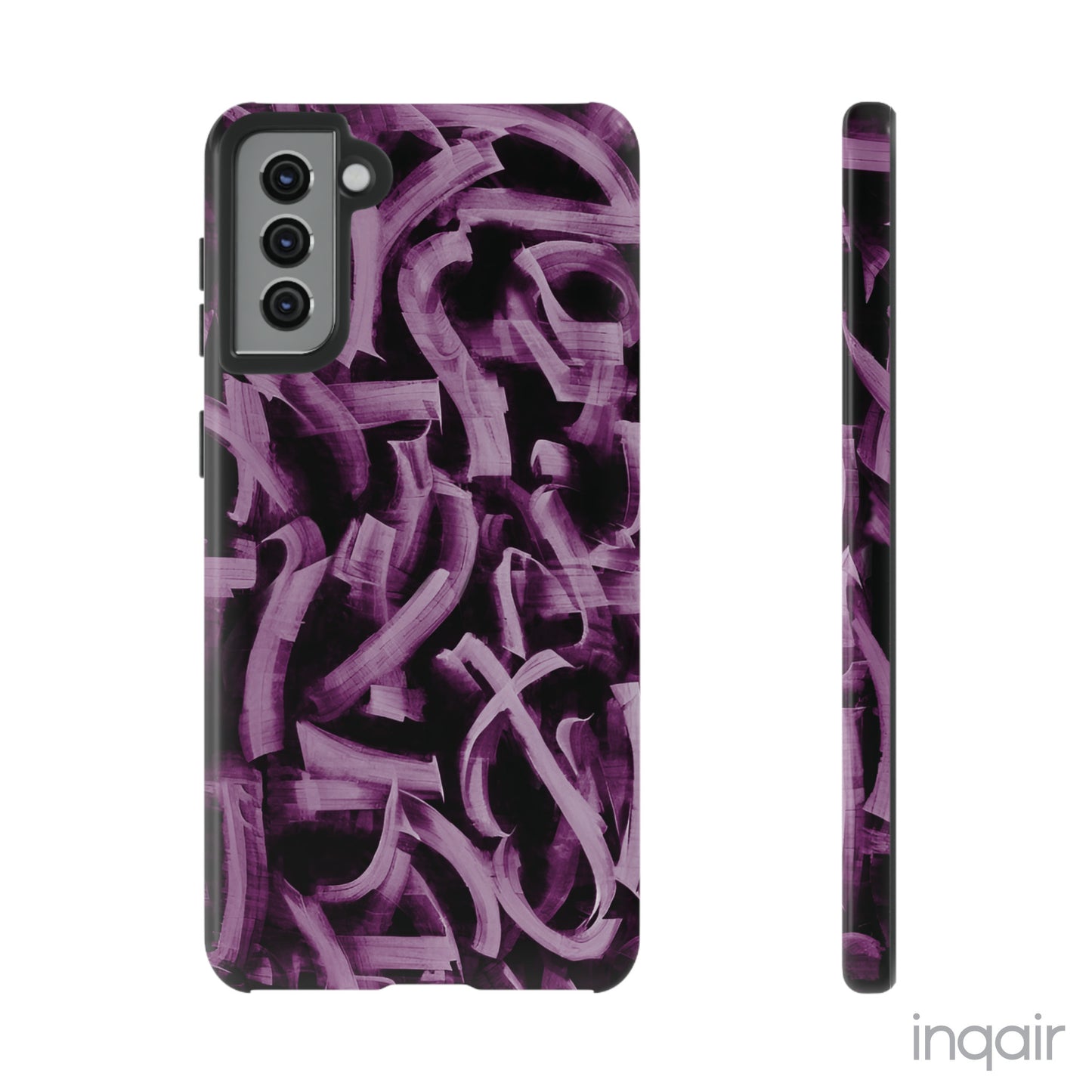 Black phone case with artistic purple brush stroke design compatible with iPhone and Samsung models, stylish and durable protective cover.